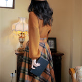 skater boy outfits Half Turtleneck Brown Lantern Long Sleeve Sweater + Plaid Woolen Skirt Suit Retro Two-Piece Set