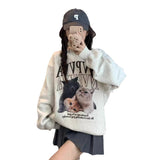 90s streetwear Cat Print Fleece-lined round Neck Sweater for Women Autumn New Loose Lazy Style White Gray Student Blouse