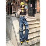 Wjczt joker costume female outfit American-Style Vintage Washed Ripped Wide-Leg Pants Women's Autumn Chic Pants High Waist Jeans Straight Pants