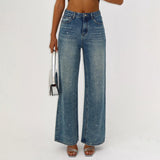 jeans Street Style Low Waist Rhinestone Straight Jeans 2024 New Versatile American Retro Distressed Denim Long