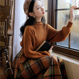 Wjczt skater boy outfits Half Turtleneck Brown Lantern Long Sleeve Sweater + Plaid Woolen Skirt Suit Retro Two-Piece Set