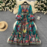 party dresses Retro Western Style Fashionable Printed Design Sense One-Piece Tight Waist Lace-up Large Swing Long Sleeve French Style Dress Women