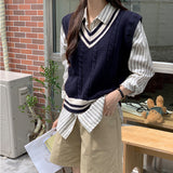 winter outfits Preppy Style Contrast Color V-neck Knitted Vest Women's Clothing Autumn New Design Sleeveless Sweater Vest Top Outer Wear