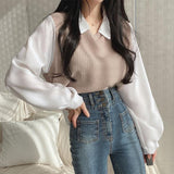 outfit Fake Two-Piece T-shirt for Women 2024 New Stitching Polo Collar Long-Sleeved Sweater Chubby Girl Loose Contrast Color All-Match Top Fashion