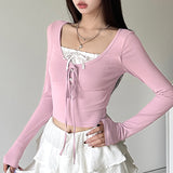 2000s fashion Girl Style Contrast Color Fake Two-Piece Bow Pleated Short Top Sweet Gentle Chest Waist Slimming Versatile Long Sleeve