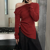 2000s fashion Autumn and Winter  Autumn and Winter New/Elegant Waist-Tight Pleated Oblique Collar Sweater 