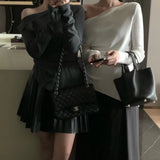 2000s fashion Autumn and Winter  Autumn and Winter New/Elegant Waist-Tight Pleated Oblique Collar Sweater 