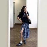 Wjczt work outfits women Blue Floral Chiffon Split Skirt Women's Summer High Waist Slimming A- line Skirt Cover One Step Large Swing Long Skirt