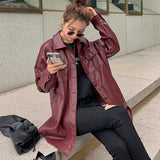 family photo outfits winter Korean Style Mid-Length Wine Red PU Leather Coat Women's Spring and Autumn Tight Waist Korean Style Motorcycle Leather Jacket Loose Coat