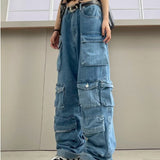 90s streetwear  Women's Fashionable All-Match Japanese Jeans Zipper Light Color Washed Overalls Trousers Simple New