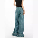 fashion outfits American Retro Jeans Women's Design Sense Niche Lace Loose Slimming Straight Mop Wide-Leg Pants 