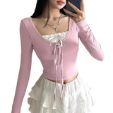 2000s fashion Girl Style Contrast Color Fake Two-Piece Bow Pleated Short Top Sweet Gentle Chest Waist Slimming Versatile Long Sleeve