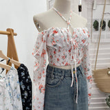 outfit Floral Halter Lace-up off-Shoulder Puff Sleeve Shirt Women's Spring Short Waist Tube Top 