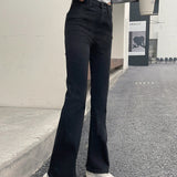 Wjczt tailgate outfit black women 2024 Summer Thin Straight Jeans Women's High Waist Slimming Fat Covering Wide Leg Black Micro Horn Mop Pants