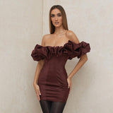 dress with bow Sexy Dress Waist-Tight Hip Skirt Tube Top off-Shoulder Fishbone Ruffled Dress