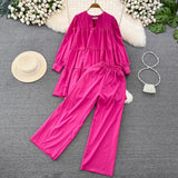 outfit ideas for school Fashion Suit Women's Spring and Autumn Korean-Style Long-Sleeved V-neck Loose Pleated Top Two-Piece High Waist Slimming Wide-Leg Pants