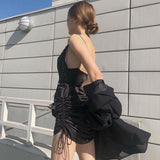 Wjczt dress to impress codes Sexy Hot Girl Backless Slimming Sling Dress French Retro Niche Pleated Drawstring Adjustable Black Dress