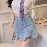 2000s fashion Sweet and Spicy Washed Denim Pleated Skirt Women's Summer New Anti-Exposure All-Match Ruffled Skirt with Lining