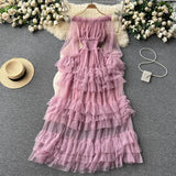 prom dresses French Style High-Grade Ruffled Mesh Cake Dress Women's Waist Slimming Temperament off-Shoulder Super Fairy Long Skirt