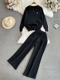 outfit ideas for school Fashion Suit Women's Korean-Style Long-Sleeved Lapel Loose Sweater Sweater Two-Piece Casual High Waist Straight Wide Leg Pants