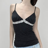 2000s fashion Style Personalized Black and White Striped Lace Stitching V-neck Camisole Hot Girl Back Inner Top