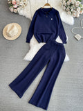 outfit ideas for school Fashion Suit Women's Korean-Style Long-Sleeved Lapel Loose Sweater Sweater Two-Piece Casual High Waist Straight Wide Leg Pants