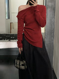 2000s fashion Autumn and Winter  Autumn and Winter New/Elegant Waist-Tight Pleated Oblique Collar Sweater 