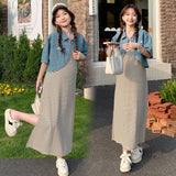 casual outfits Summer New Fashion Striped Pregnant Women Dress + Denim Coat Suit Two-Piece Set