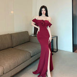 hipster dress to impress 3734 Sexy Low-Cut off-Shoulder Tube Top Long Dress Socialite Banquet Elegant Sheath Split Evening Dress