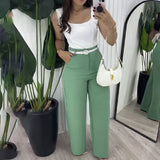 business casual women outfits chic Solid Color Square Collar Sling Simple Elegant Top with High Waist Wide Leg Straight Trousers Two-Piece Set