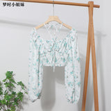 outfit Floral Halter Lace-up off-Shoulder Puff Sleeve Shirt Women's Spring Short Waist Tube Top 