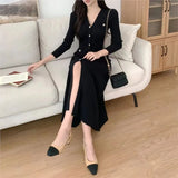 Wjczt Korean Chic Knitted Dresses for Women V-neck Long Sleeve Slim Bodycon Ruffles Party Dress Casual Autumn Winter New Vestidos