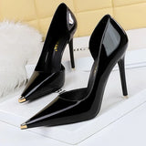 Wjczt Shoes Black Patent Leather High Heels Metal Pointed Women Pumps Sexy Party Shoes Stilettos Women 7 Cm 10.5cm Heels