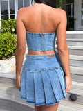 Wjczt Sexy Denim Skirt Sets Women Strapless Crop Tops And Mini Skirt Ladies Fashion Club Party Pleated Skirt Two Piece Set