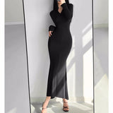 Wjczt Autumn New Solid Bodycon Midi Dresses for Women Long Sleeve Zipper Design Slim Mermaid Dress Casual Party Bandage Dress Vestidos