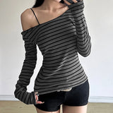 Wjczt Spring Fall Women's New Japanese Basic Models Slim Long-Sleeved Striped t-Shirt Strapless Korean Street Style y2k Thin Tops