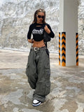 Wjczt Women's High Waisted Cargo Pants Travel Y2K Streetwear Baggy Stretchy Pants with 6 Pockets Drawstring Ankle Cuffs