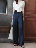 Wjczt Acetate Satin Wide-Leg Pants for Women 2024 Summer New High Waist Drooping Mop Trousers Baggy Straight Trousers Tide