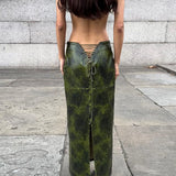 Wjczt Sexy Green Faux Leather Skirt Women Back Lace Up Hollow Out Split Retro Long Skirt Floor Length Slim Tie Dye Hip Wrapped Skirt