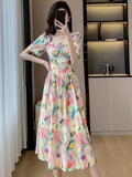 Wjczt Summer Square Collar Midi Dress Women Flower Floral Print Fashion Sweet Ruffle Ladies Dresses Pleated Loose Korean Vesidos