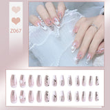 Wjczt 24P Nail Art Fake Nails Japanese Ballerina Press on Nails Set Diamond Streamer Flash Fly Butterfly Seamless Removable False Nail