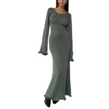 Wjczt Sexy Dress  Solid Knitted Open Back Flared Long Sleeve Maxi Dress Elegant Sexy Clothes for Women2024 Fall Resort Wear