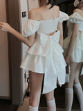 Wjczt White Sexy Backless Mini Dress Women Korean Fashion Casual Elegant Party Dress Female Ruffle Kawaii Lolita Party Y2k Dress