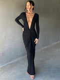 Wjczt Deep V Neck Ruched Maxi Dress Women Gown Autumn New Long Sleeve Backless Bodycon Sexy Party Evening Dress Vestidos