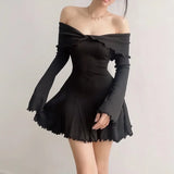 Wjczt Autumn Strapless Sexy Black A-LINE Dress Women Off Shoulder Long Sleeves Streetwear Knitting Mini Dresses Elegant Club Partywear