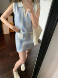 Wjczt New French Knitted Stripe 2 Piece Set Sleeveless Polo Neck Tank Top + Mini Skirt 2024 Summer Temperament Fashion Suit Women