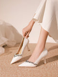 Wjczt New women's temperament rhinestone pointed high heels women's thin heels white wedding shoes 5019