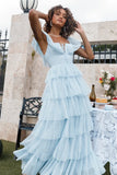 Wjczt 2024 New Women's Blue Tulle Ruffled U-neck Party Sexy Dress Long Dress Princess Style Birthday Dress Backless Tiered Gown