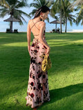 Wjczt Romantic Pink Flower Print Slip Sleeveless Backless Slim Sexy Club Maxi Dress 2023 Summer Women Elegant Party Sumdress Robe Boho