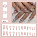 Wjczt 24pcs/set Ombre Heart Rhinestone Pink Nude Fashion Fake Nails Gorgeous False Nails Kawaii  Nail Art Press on Nails Manicure